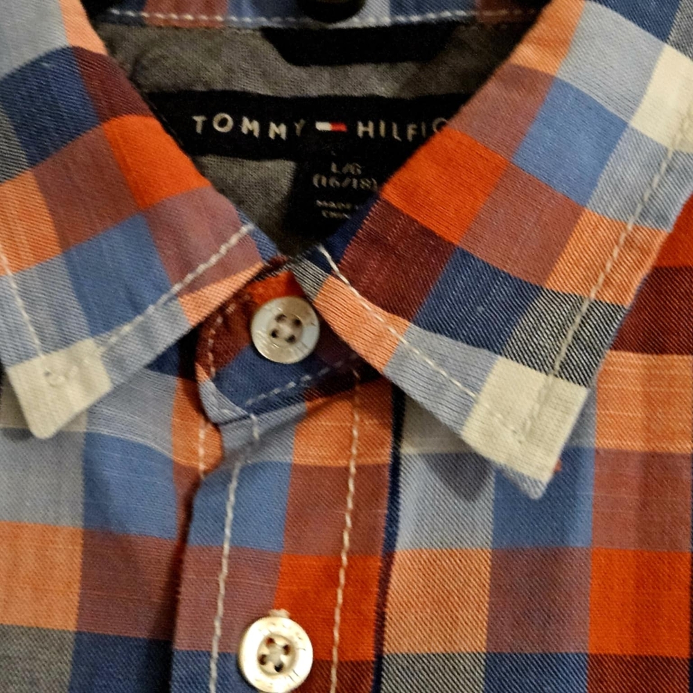Tommy Hilfiger Men's Blue and Red Plaid Shirt